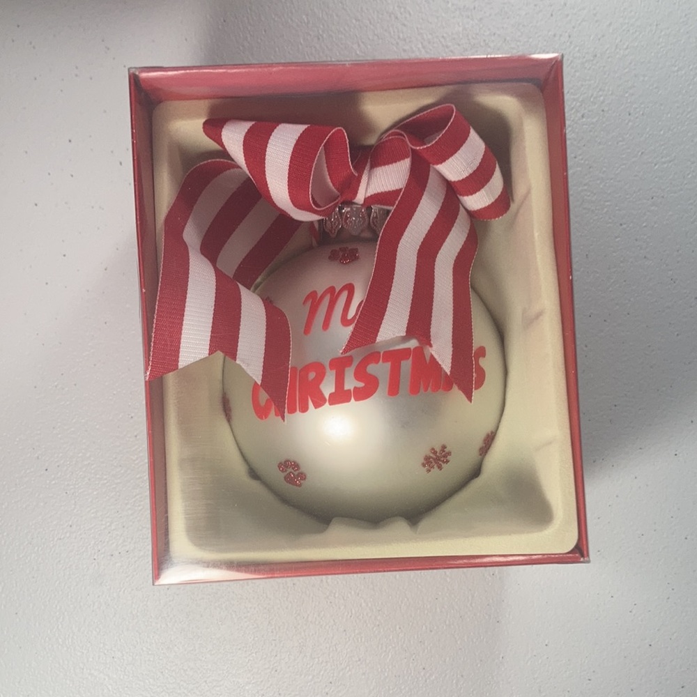 2 ornaments. Meowy Christmas kitty cat themed Holiday ornament w bow w stripes - Picture 11 of 14